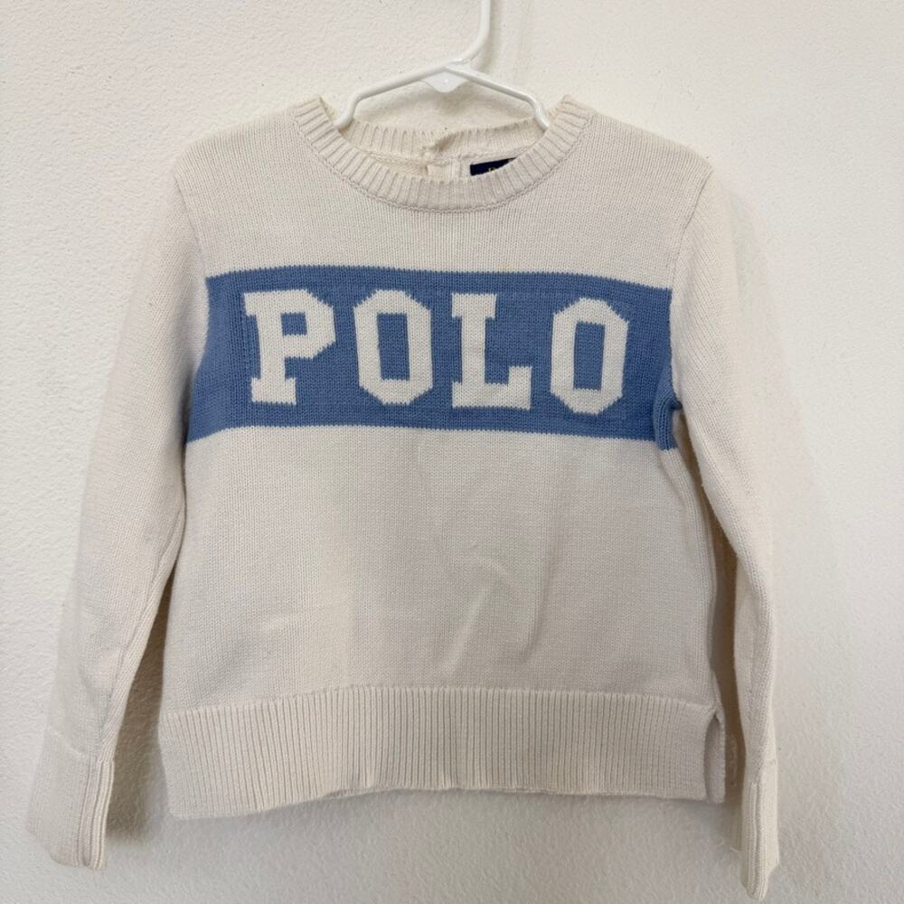 POLO Ralph Lauren Kids Logo Sweater Ivory Blue Cotton Crewneck‎ Size 5